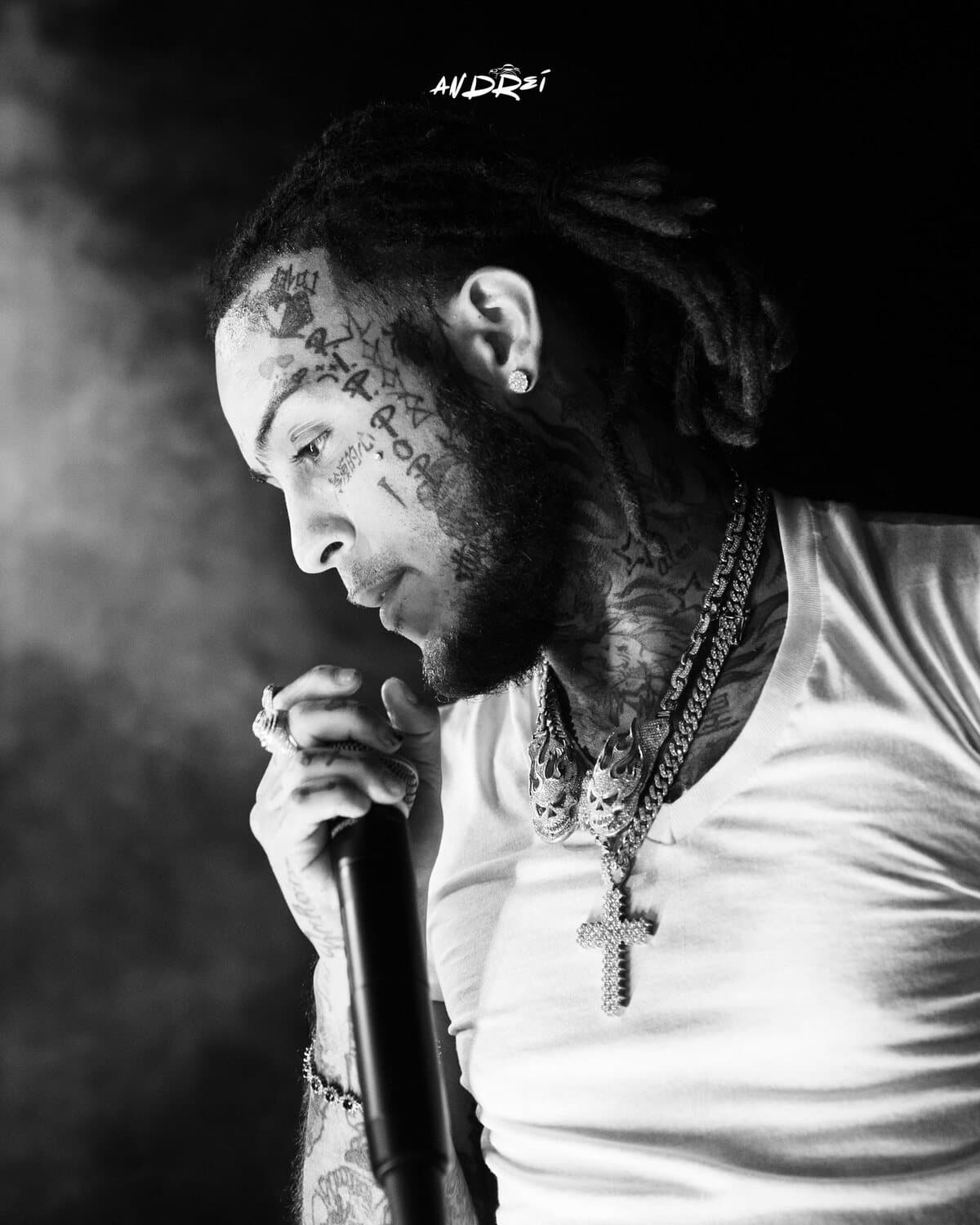Lil Skies in black and white through stage smoke